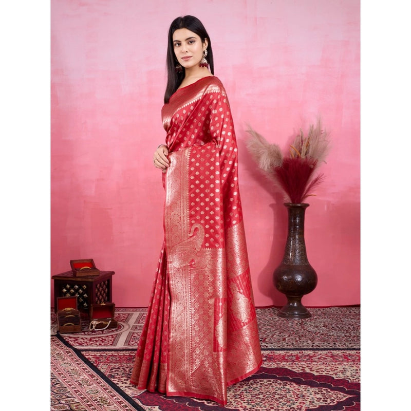Mayawye Women's Banarasi Silk Printed Saree With Unstitched Blouse 5.5Mtr (Red)
