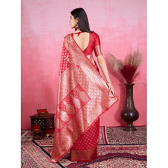 Mayawye Women's Banarasi Silk Printed Saree With Unstitched Blouse 5.5Mtr (Red)