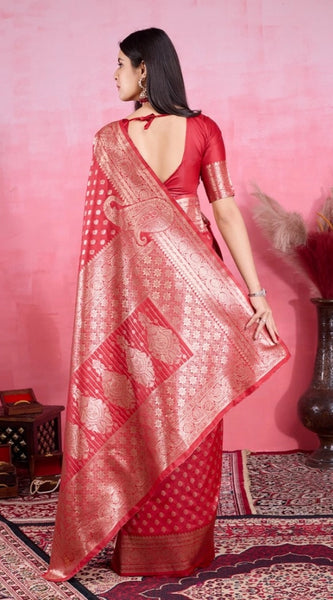 Mayawye Women's Banarasi Silk Printed Saree With Unstitched Blouse 5.5Mtr (Red)