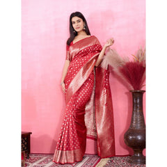 Mayawye Women's Banarasi Silk Printed Saree With Unstitched Blouse 5.5Mtr (Red)