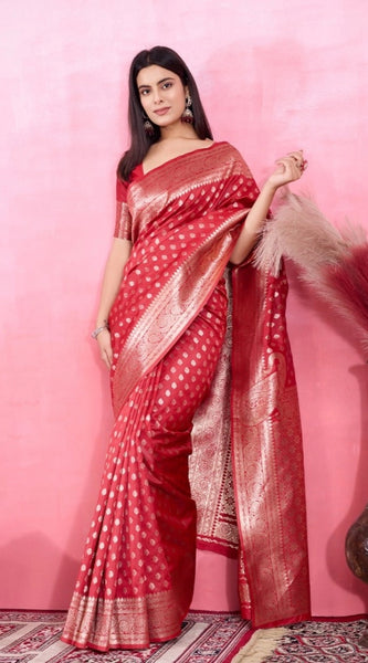 Mayawye Women's Banarasi Silk Printed Saree With Unstitched Blouse 5.5Mtr (Red)