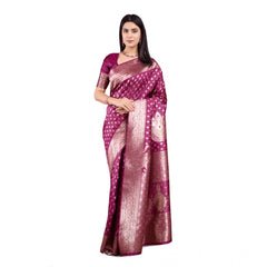 Mayawye Women's Banarasi Silk Printed Saree With Unstitched Blouse 5.5Mtr (Wine)
