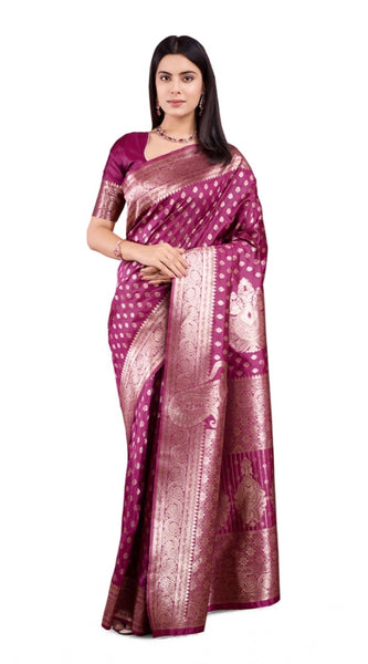Mayawye Women's Banarasi Silk Printed Saree With Unstitched Blouse 5.5Mtr (Wine)