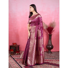 Mayawye Women's Banarasi Silk Printed Saree With Unstitched Blouse 5.5Mtr (Wine)
