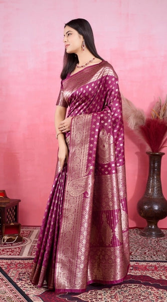 Mayawye Women's Banarasi Silk Printed Saree With Unstitched Blouse 5.5Mtr (Wine)