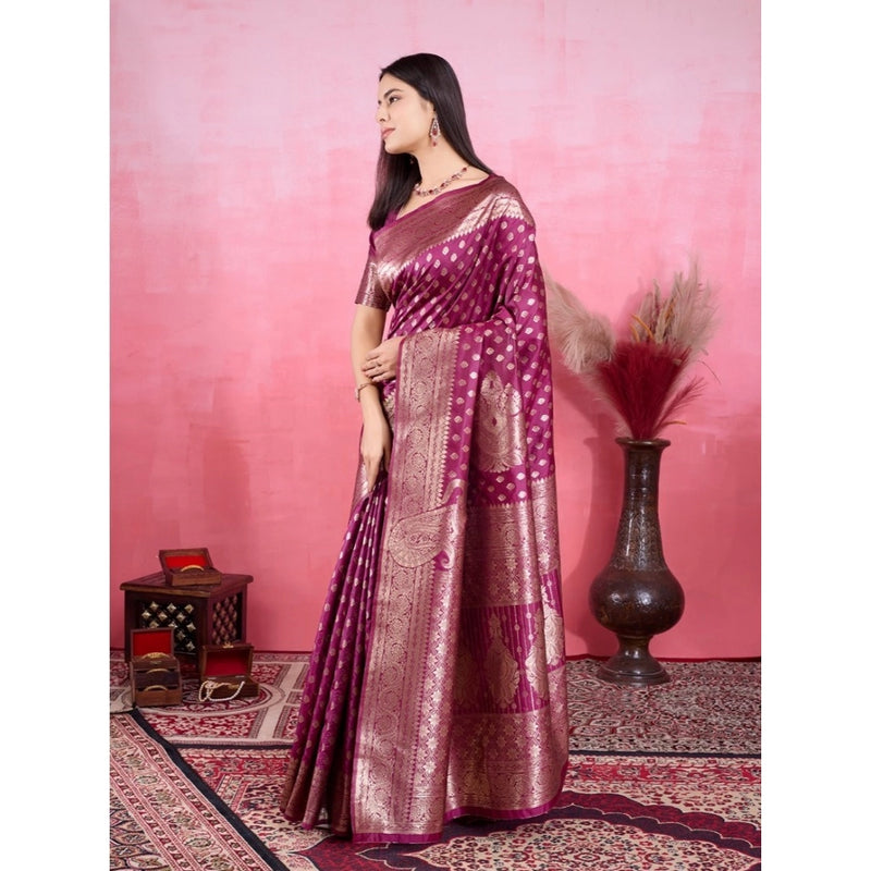 Mayawye Women's Banarasi Silk Printed Saree With Unstitched Blouse 5.5Mtr (Wine)