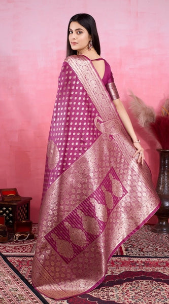 Mayawye Women's Banarasi Silk Printed Saree With Unstitched Blouse 5.5Mtr (Wine)