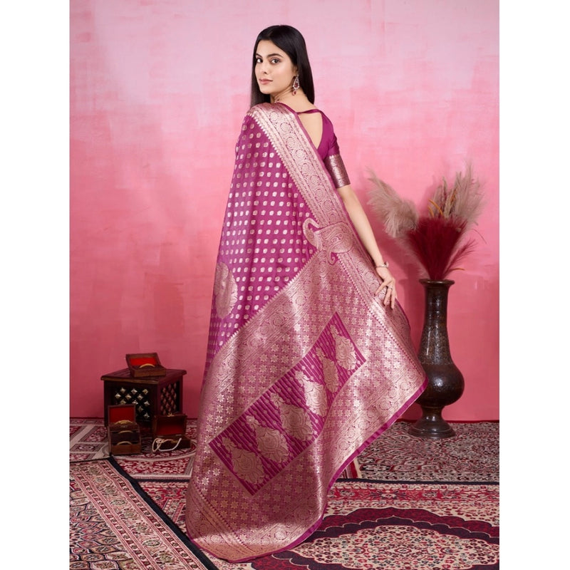 Mayawye Women's Banarasi Silk Printed Saree With Unstitched Blouse 5.5Mtr (Wine)
