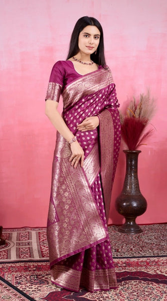 Mayawye Women's Banarasi Silk Printed Saree With Unstitched Blouse 5.5Mtr (Wine)