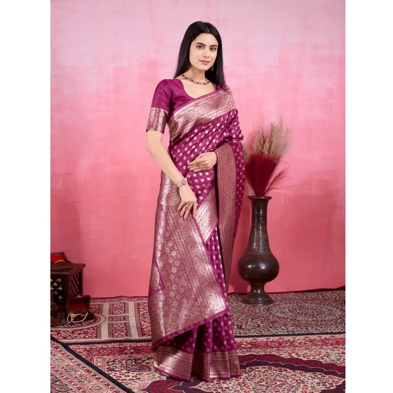 Mayawye Women's Banarasi Silk Printed Saree With Unstitched Blouse 5.5Mtr (Wine)