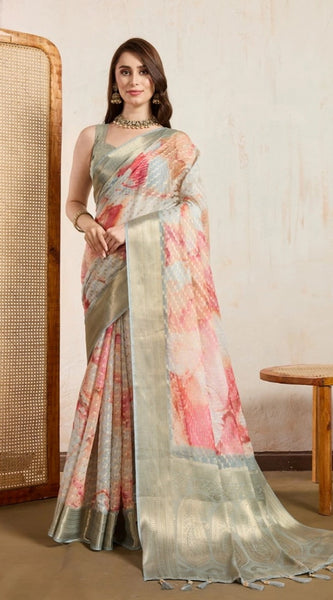 Mayawye Women's Viscose Printed Saree With Unstitched Blouse 5.5Mtr (Cream)