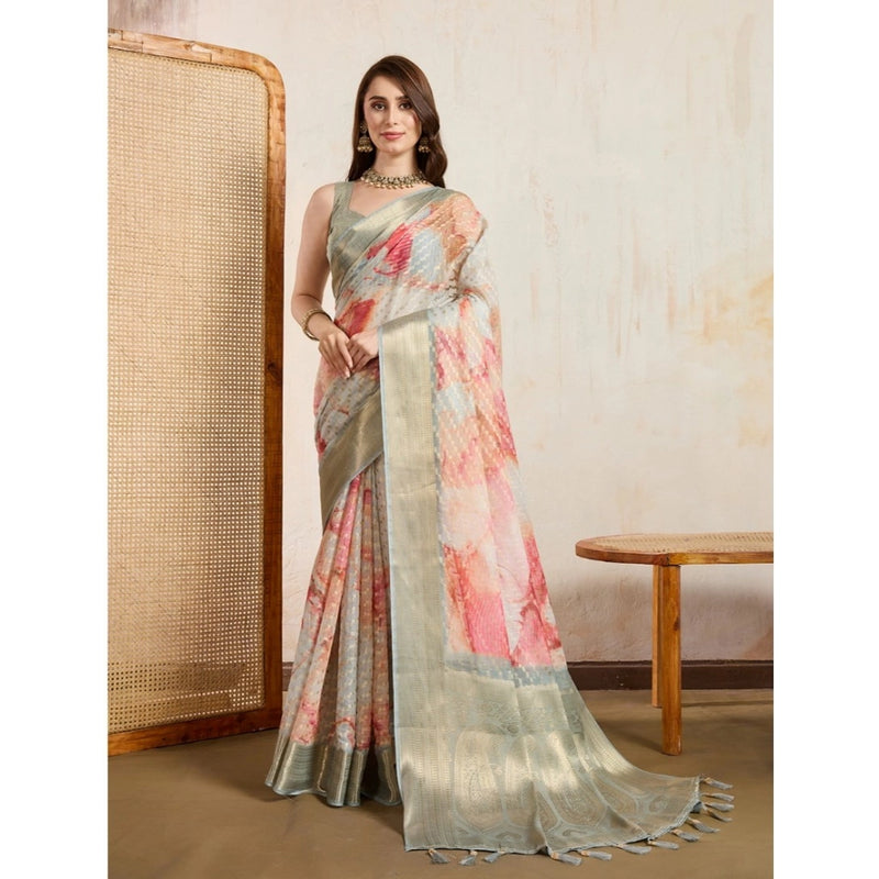 Mayawye Women's Viscose Printed Saree With Unstitched Blouse 5.5Mtr (Cream)