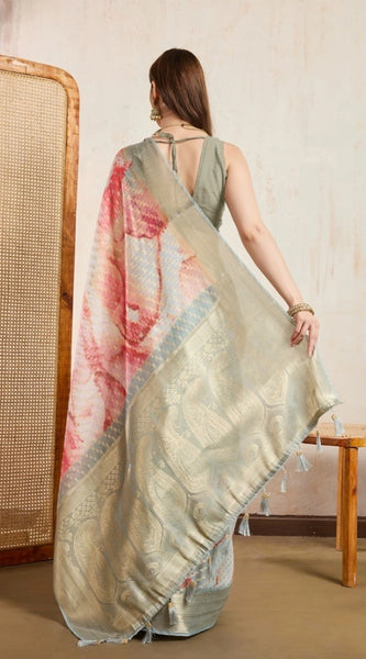 Mayawye Women's Viscose Printed Saree With Unstitched Blouse 5.5Mtr (Cream)