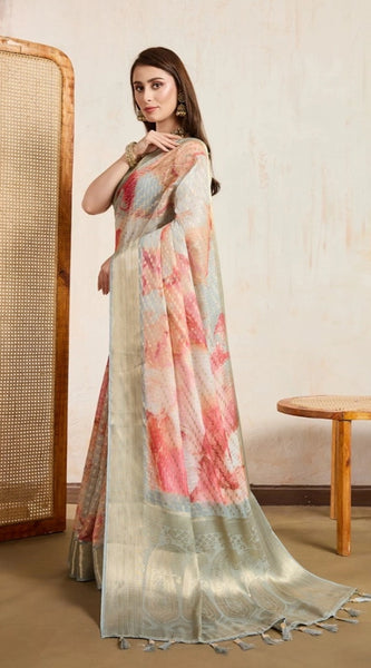 Mayawye Women's Viscose Printed Saree With Unstitched Blouse 5.5Mtr (Cream)