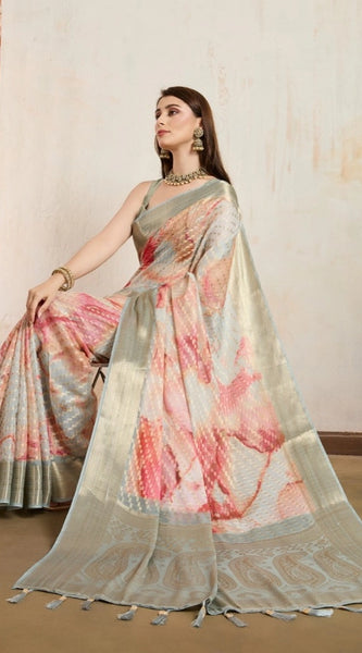 Mayawye Women's Viscose Printed Saree With Unstitched Blouse 5.5Mtr (Cream)