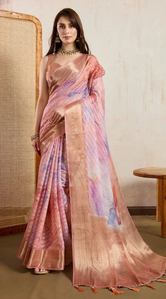 Mayawye Women's Viscose Printed Saree With Unstitched Blouse 5.5Mtr (Peach)