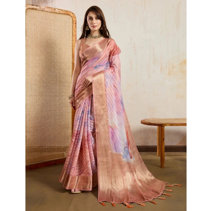 Mayawye Women's Viscose Printed Saree With Unstitched Blouse 5.5Mtr (Peach)
