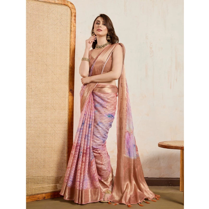 Mayawye Women's Viscose Printed Saree With Unstitched Blouse 5.5Mtr (Peach)