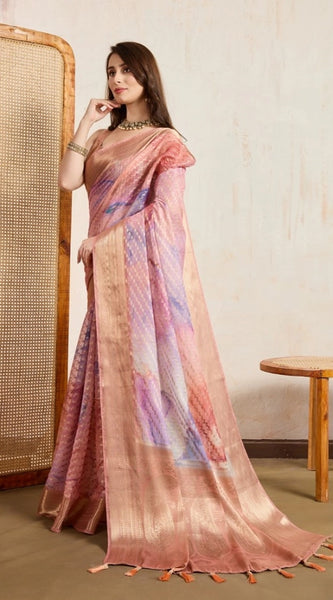 Mayawye Women's Viscose Printed Saree With Unstitched Blouse 5.5Mtr (Peach)