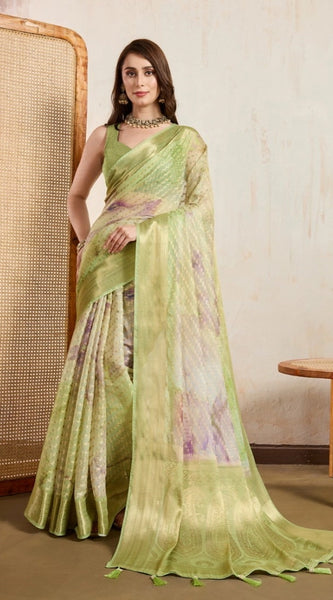 Mayawye Women's Viscose Printed Saree With Unstitched Blouse 5.5Mtr (Light Green)