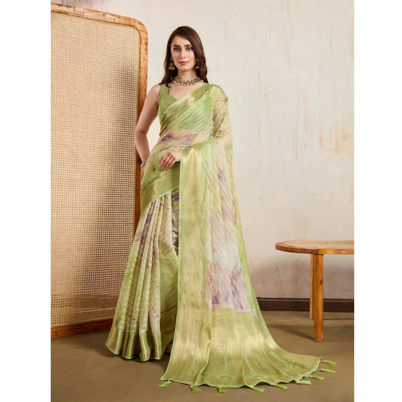 Mayawye Women's Viscose Printed Saree With Unstitched Blouse 5.5Mtr (Light Green)