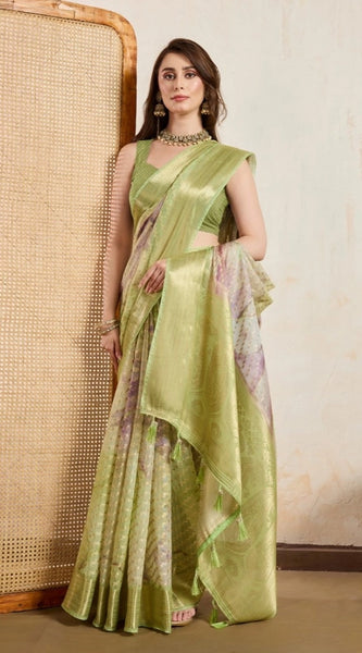 Mayawye Women's Viscose Printed Saree With Unstitched Blouse 5.5Mtr (Light Green)