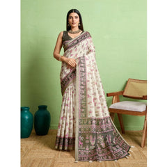 Mayawye Women's Silk Blend Printed Saree With Unstitched Blouse 5.5Mtr (Off White)