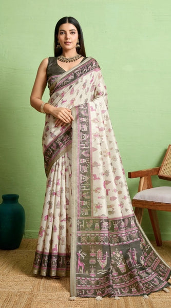 Mayawye Women's Silk Blend Printed Saree With Unstitched Blouse 5.5Mtr (Off White)