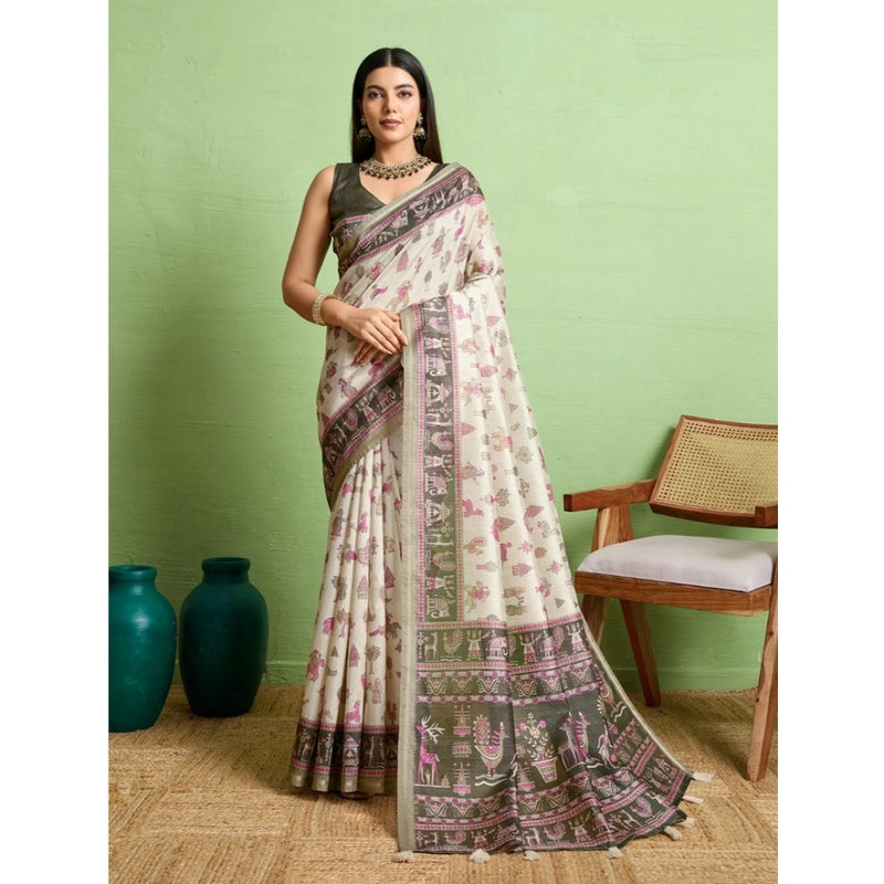 Mayawye Women's Silk Blend Printed Saree With Unstitched Blouse 5.5Mtr (Off White)