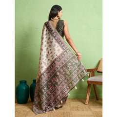 Mayawye Women's Silk Blend Printed Saree With Unstitched Blouse 5.5Mtr (Off White)