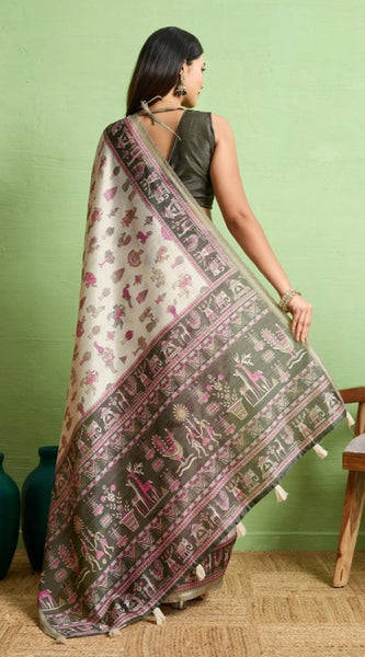 Mayawye Women's Silk Blend Printed Saree With Unstitched Blouse 5.5Mtr (Off White)