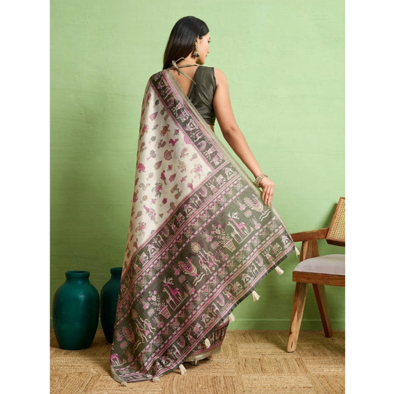 Mayawye Women's Silk Blend Printed Saree With Unstitched Blouse 5.5Mtr (Off White)