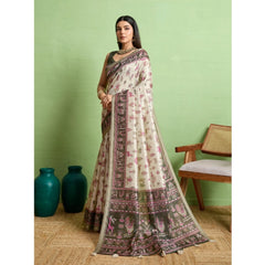 Mayawye Women's Silk Blend Printed Saree With Unstitched Blouse 5.5Mtr (Off White)