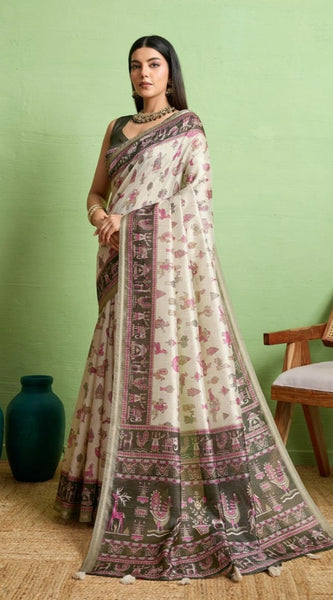 Mayawye Women's Silk Blend Printed Saree With Unstitched Blouse 5.5Mtr (Off White)