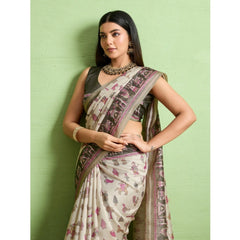 Mayawye Women's Silk Blend Printed Saree With Unstitched Blouse 5.5Mtr (Off White)