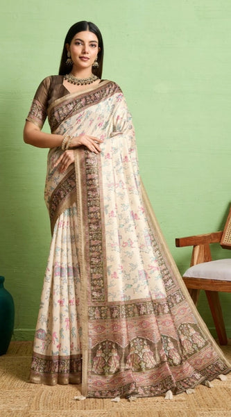 Mayawye Women's Silk Blend Printed Saree With Unstitched Blouse 5.5Mtr (Cream)
