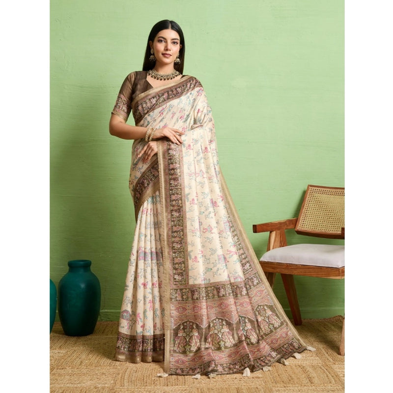 Mayawye Women's Silk Blend Printed Saree With Unstitched Blouse 5.5Mtr (Cream)