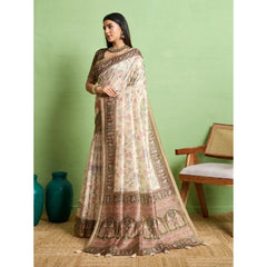 Mayawye Women's Silk Blend Printed Saree With Unstitched Blouse 5.5Mtr (Cream)