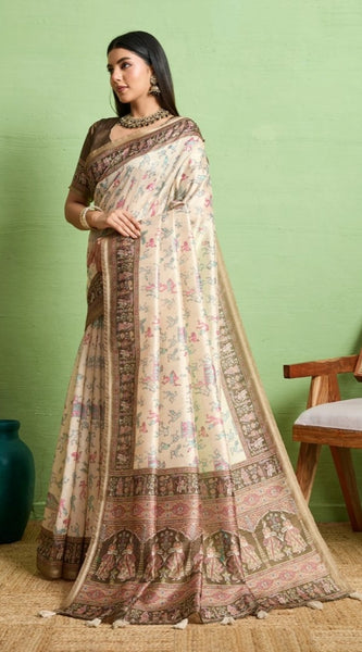 Mayawye Women's Silk Blend Printed Saree With Unstitched Blouse 5.5Mtr (Cream)