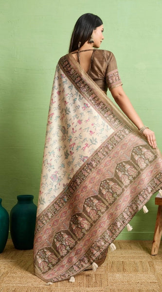 Mayawye Women's Silk Blend Printed Saree With Unstitched Blouse 5.5Mtr (Cream)