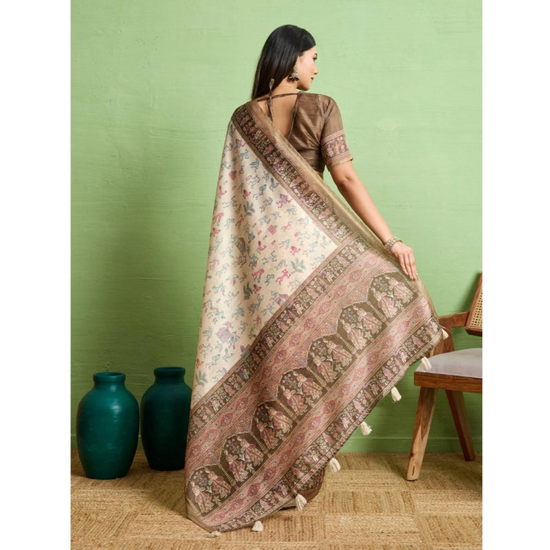 Mayawye Women's Silk Blend Printed Saree With Unstitched Blouse 5.5Mtr (Cream)