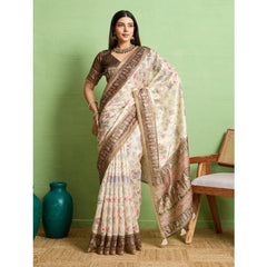 Mayawye Women's Silk Blend Printed Saree With Unstitched Blouse 5.5Mtr (Cream)