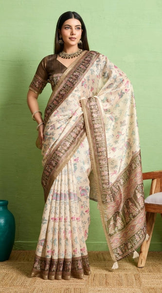 Mayawye Women's Silk Blend Printed Saree With Unstitched Blouse 5.5Mtr (Cream)