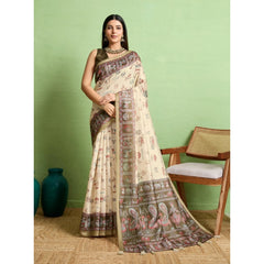 Mayawye Women's Silk Blend Printed Saree With Unstitched Blouse 5.5Mtr (Cream)