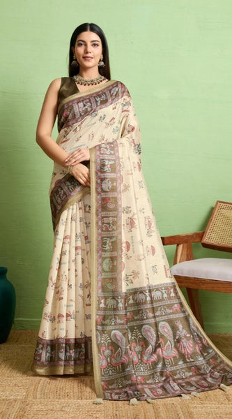 Mayawye Women's Silk Blend Printed Saree With Unstitched Blouse 5.5Mtr (Cream)