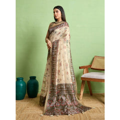 Mayawye Women's Silk Blend Printed Saree With Unstitched Blouse 5.5Mtr (Cream)