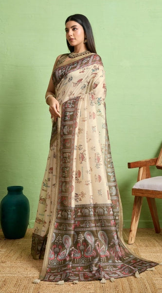 Mayawye Women's Silk Blend Printed Saree With Unstitched Blouse 5.5Mtr (Cream)
