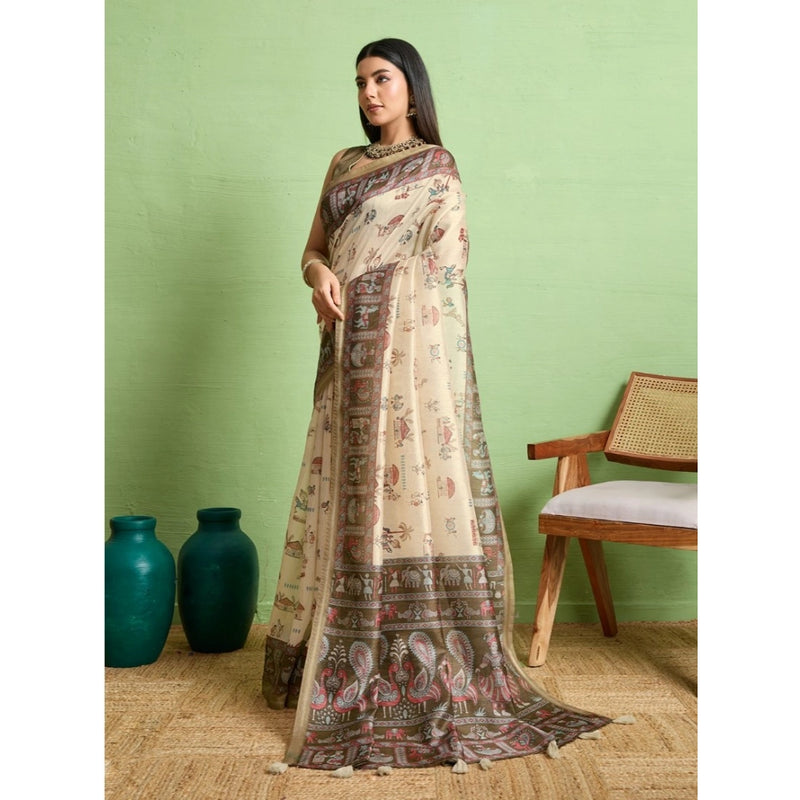Mayawye Women's Silk Blend Printed Saree With Unstitched Blouse 5.5Mtr (Cream)