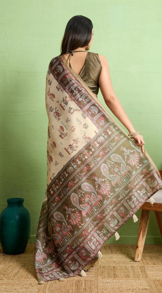 Mayawye Women's Silk Blend Printed Saree With Unstitched Blouse 5.5Mtr (Cream)