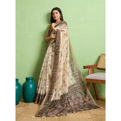 Mayawye Women's Silk Blend Printed Saree With Unstitched Blouse 5.5Mtr (Cream)